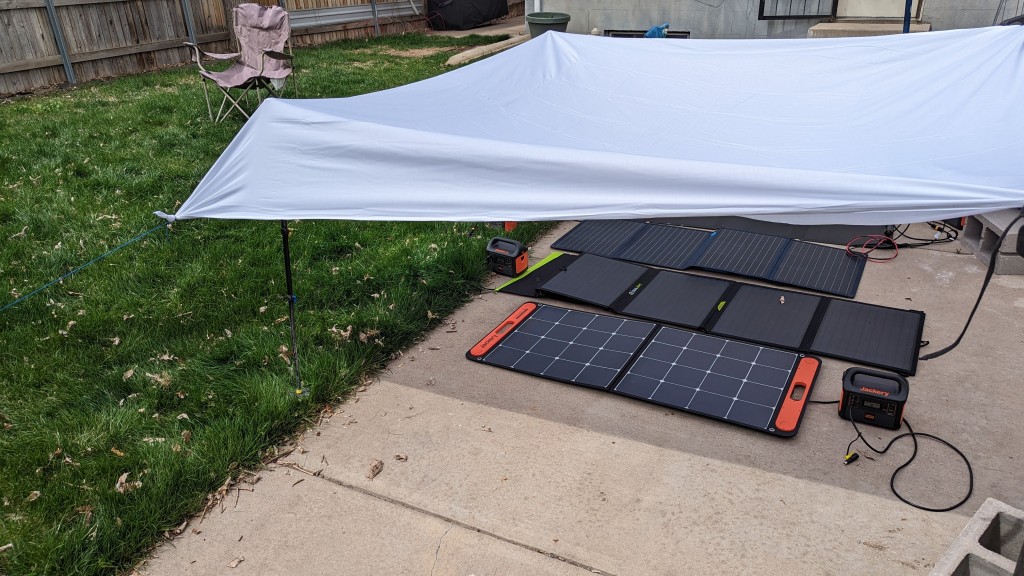 jackery solarsaga 100 - simulating a cloudy day with a white sheet, the solarsaga still...