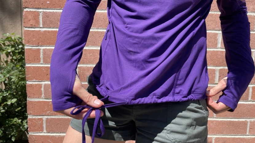 mountain hardwear crater lake long sleeve hoody for women - the tied bottom hem can help keep you covered when inverted.