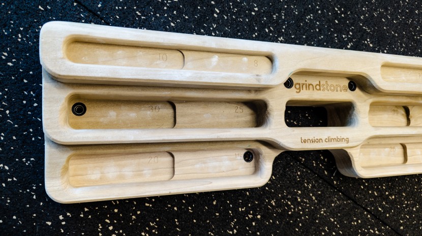 hangboard - here you can see the subtle labeled hold layout on the grindstone...