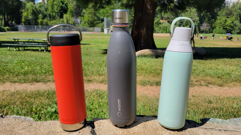 water bottle - from left to right, the kleen kanteen tkwide, the waatr crazy cap...