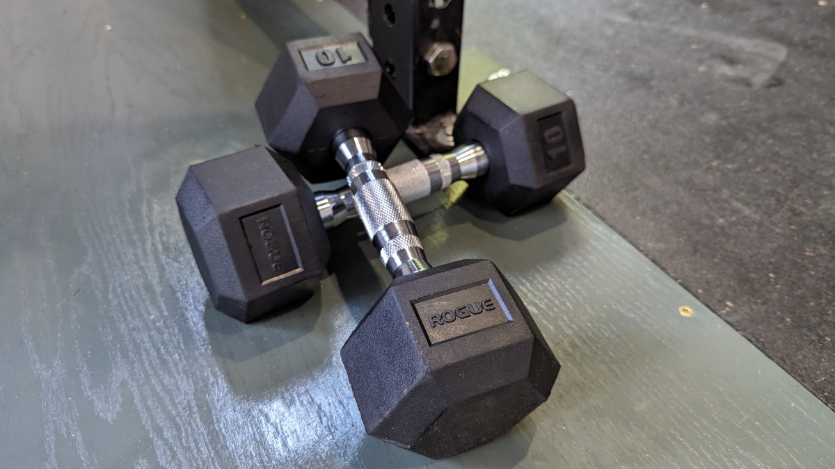 Rogue Rubber Hex Dumbbells Review (Rogue dumbbells are sturdy and come in a wide variety of weight options.)