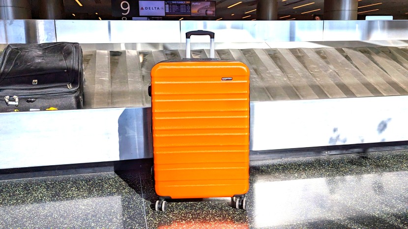 amazon basics 30&quot; hardside spinner - trying to blend in: failing miserably at baggage-claim hide and...