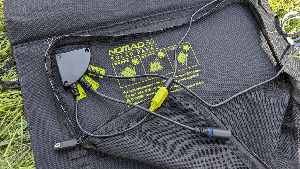 portable solar charger - the goal zero nomad 50 usb and dc outputs and is chainable with...