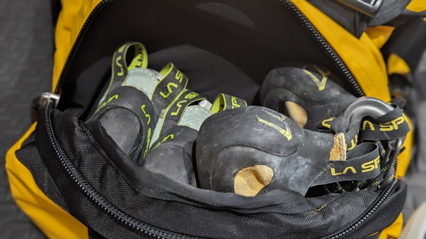 the side pouch fits two pairs of climbing shoes