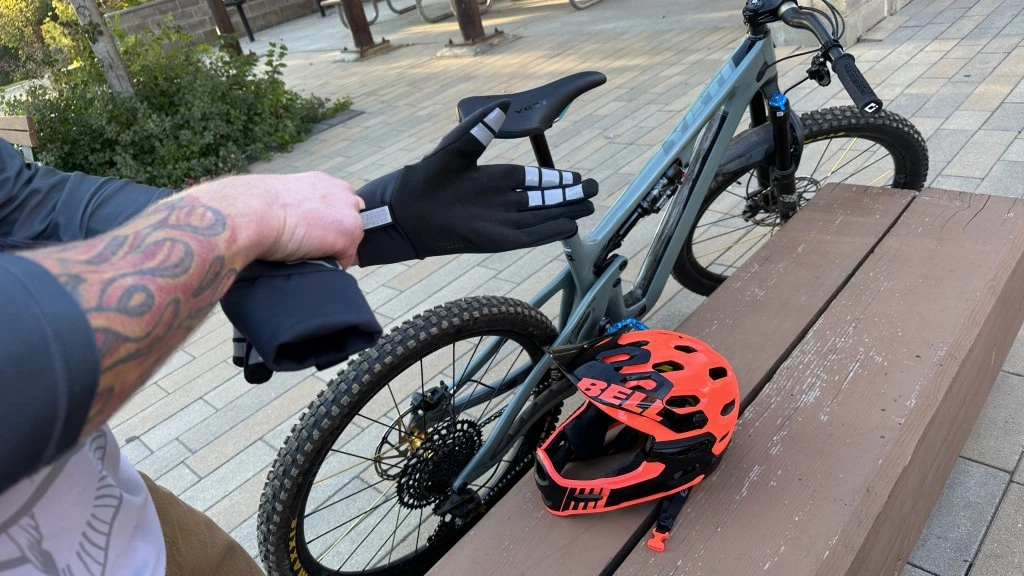 mountain bike gloves - a sturdy pull tab works well for donning the tightly cuffed fox...