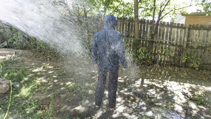rain pants - testing the water resistance of the helium in our hose test.