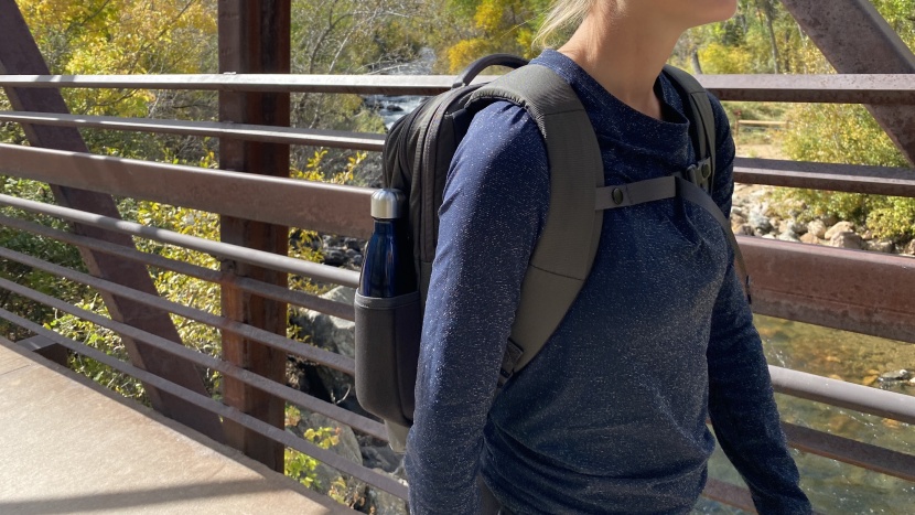 with ergonomic shoulder straps and a sternum strap to keep it in...