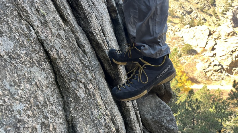 approach shoes - some shoes are stiff and supportive enough to comfortably climb low...