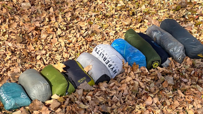 ultralight tent - each tent packed down in its stuff sack.