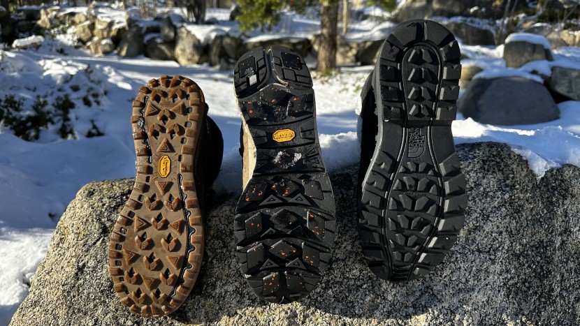winter boots men - tread patterns from left to right; merrell nova 3 thermo, danner...