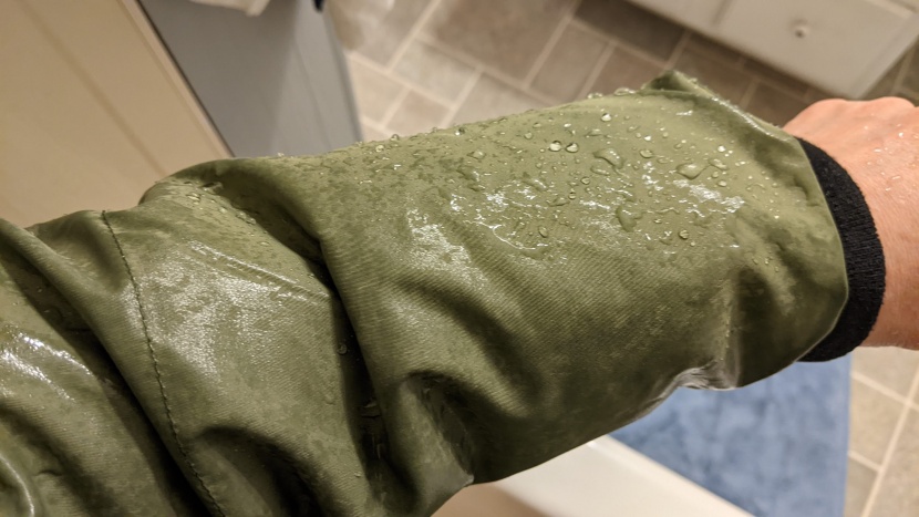 orolay thickened down - we didn&#039;t get wet during the shower test, but the fabric sure did.