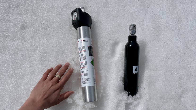 avalanche airbag - comparing carbon (right) and aluminuim (left) compressed air...