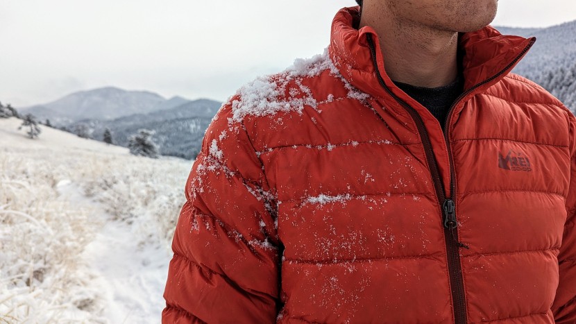 rei co-op 650 down - the rei 650 down stays pretty dry in snow and light rain.