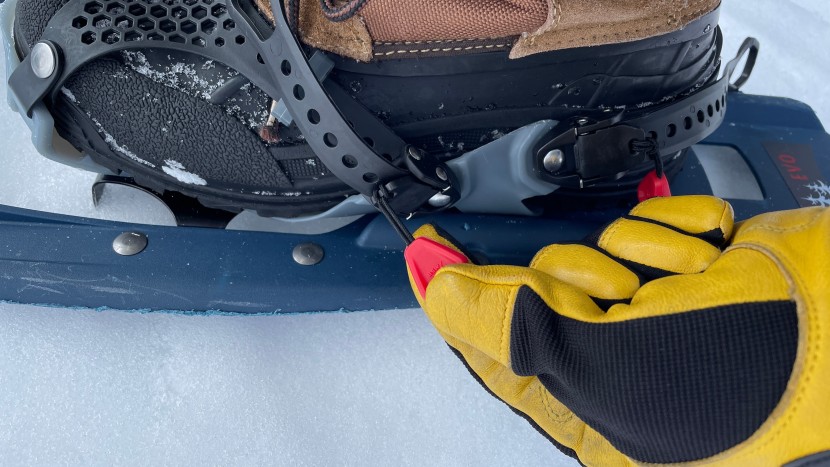 msr evo trail - red tabs on the bindings act as a quick-release and make it easy to...