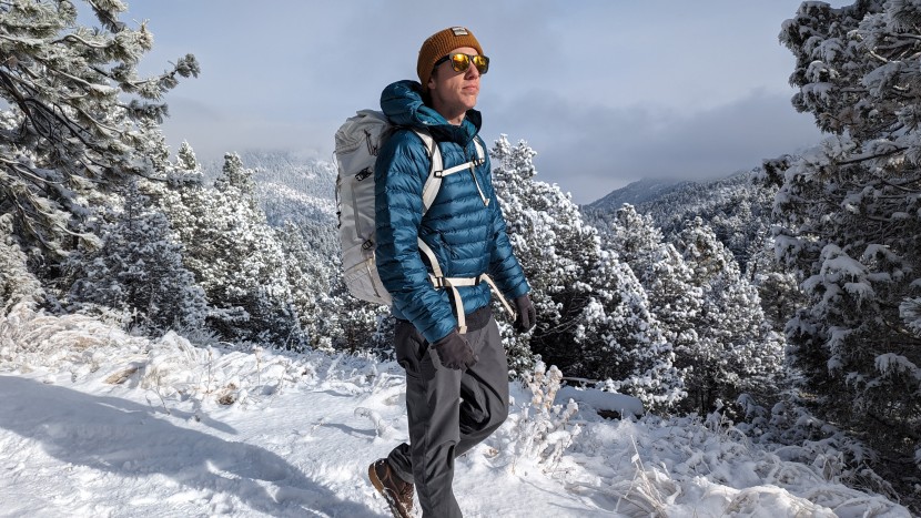 testing the marmot highlander on a cold snowy day in the mountains.