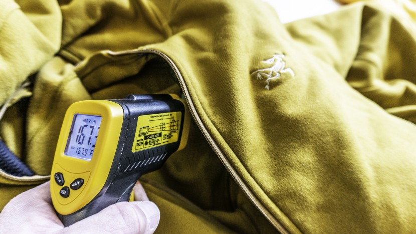 arc&#039;teryx kyanite hoody - this layer performed well during our thermometer test.