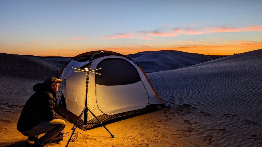 goal zero skylight - powering up our skylight just after the sun sets over the dunes.