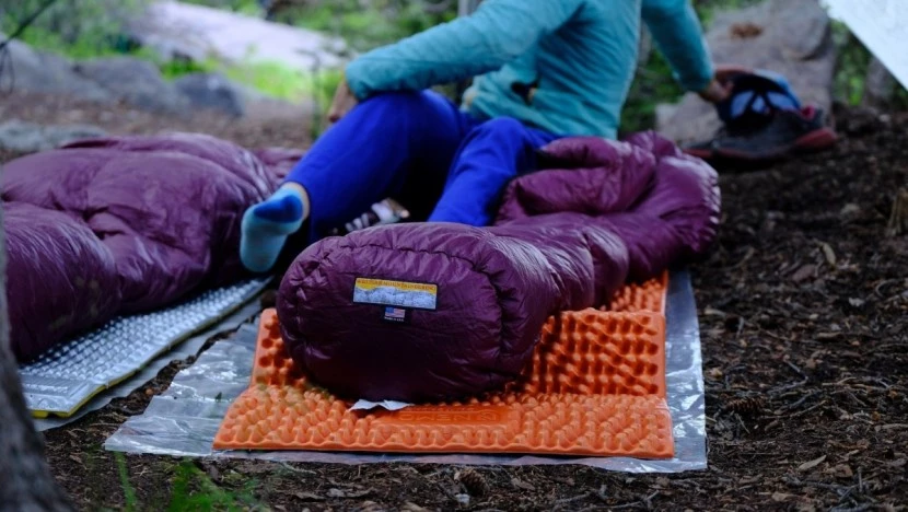 Personal forest camping setup showing well-organized gear and proper equipment arrangement in natural forest setting