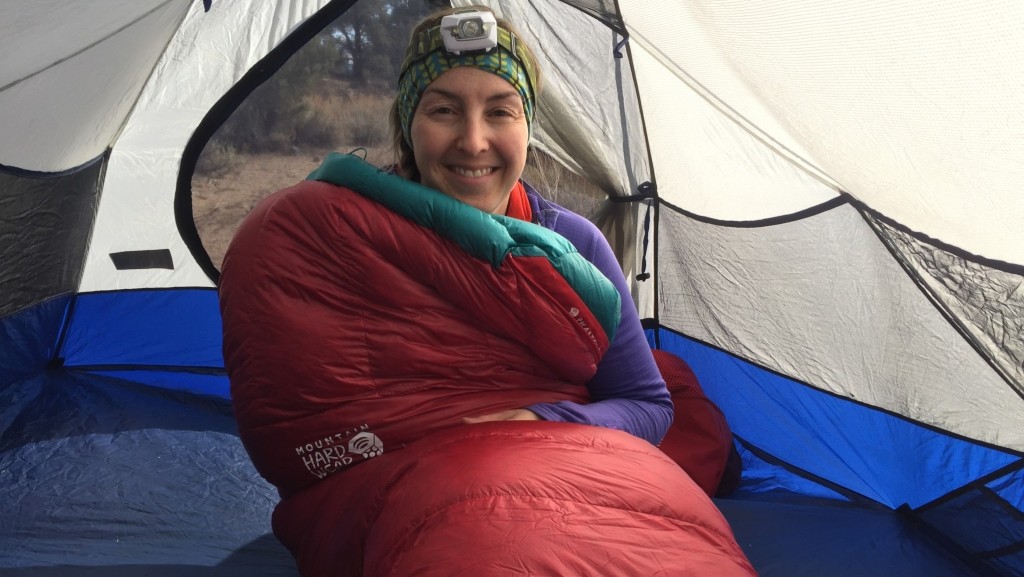 backpacking gear list - warm and cozy and ready to snuggle up in our sleeping bag for a good...