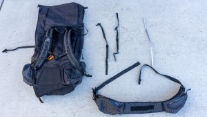 The hip belt, back stay and the two side cinch straps can be removed...