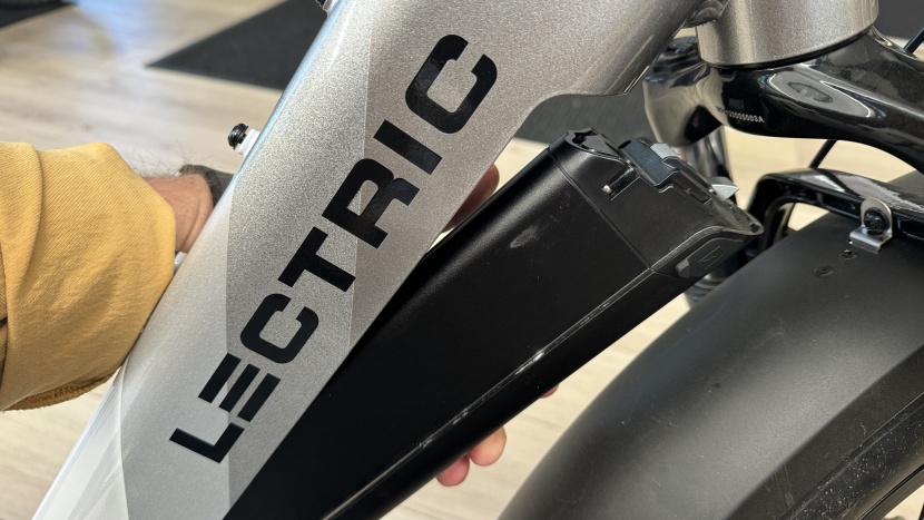 lectric xpeak - the 672wh battery easily detaches from the bike for charging or...