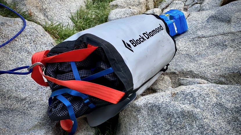 haul bag - the closure system and external pocket on the black diamond wall...