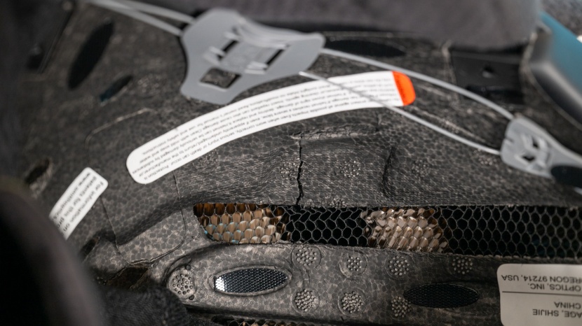 ski helmet - the inside of the smith vantage after a drop test. koroyd, the...