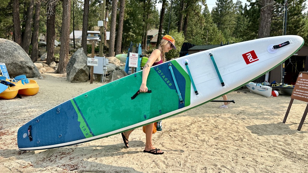 inflatable sup - our testers liked that the deck padding covered 3/4 of the red fin...