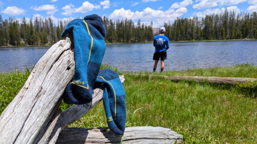 hiking socks - hanging this pair out to dry while we try our luck at fly fishing in...