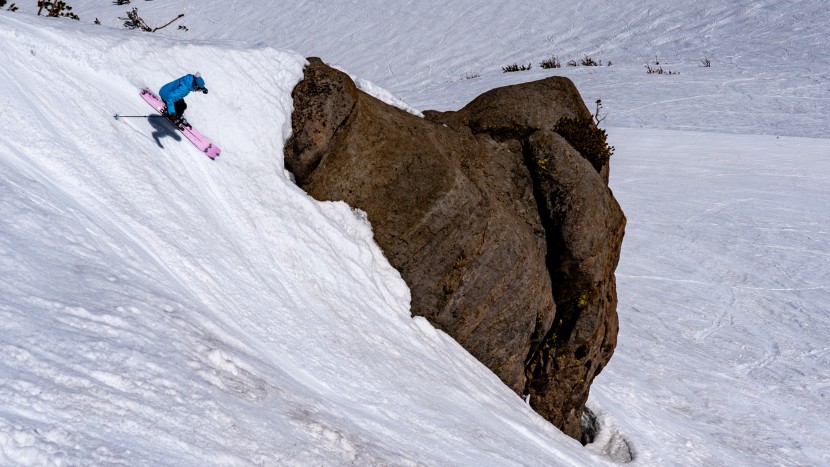 dps carbon wailer 100 - good luck trying to pry this ski off hilary&#039;s feet. she&#039;s having way...