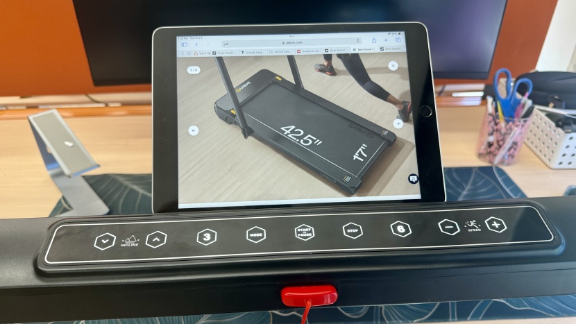 urevo strol 1 pro foldable treadmill - the device shelf can easily hold a full-sized ipad and doesn&#039;t...
