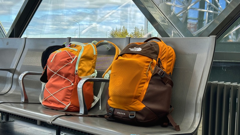 the north face recon (right) easily fits a travel pillow and a large...