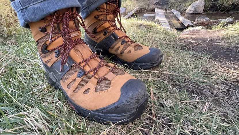 Close-up detail of high-quality 8 hiking boots showing construction features and materials