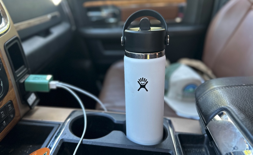 water bottle - the hydro flask wide mouth with straw fits its in every car or truck...