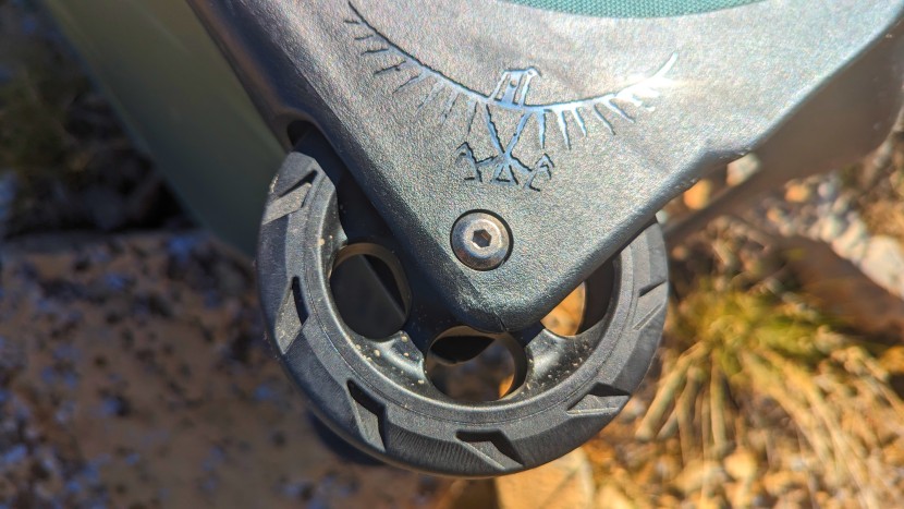 osprey sojourn shuttle 100l - inspecting our sojourn&#039;s massive wheels after i threw it down a...