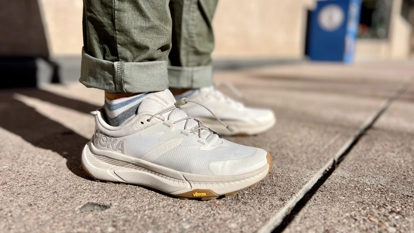 Hoka Transport walking shoes being field tested on various outdoor surfaces for non-slip performance
