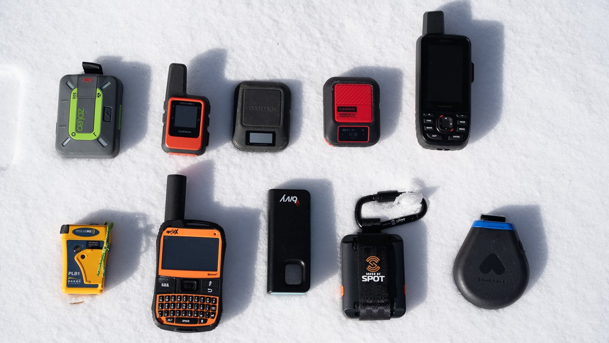 Best Satellite Communicator Review (2024 line up of some tested messengers. Left to right, top to bottom: Zoleo, inReach Mini, Messenger, Messenger Plus...)