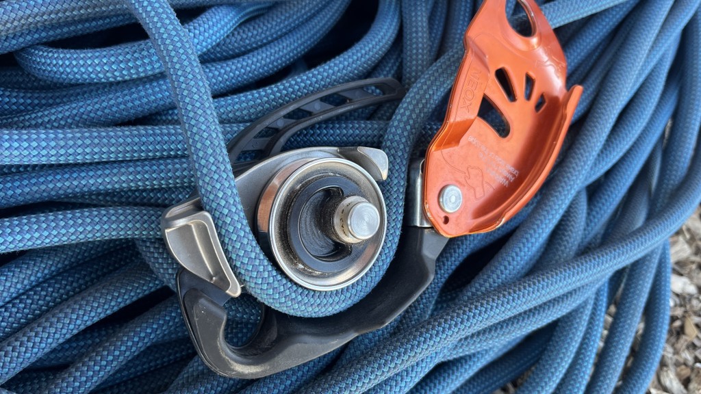 belay device - the petzl grigri uses a spinning wheel where the rope runs through...