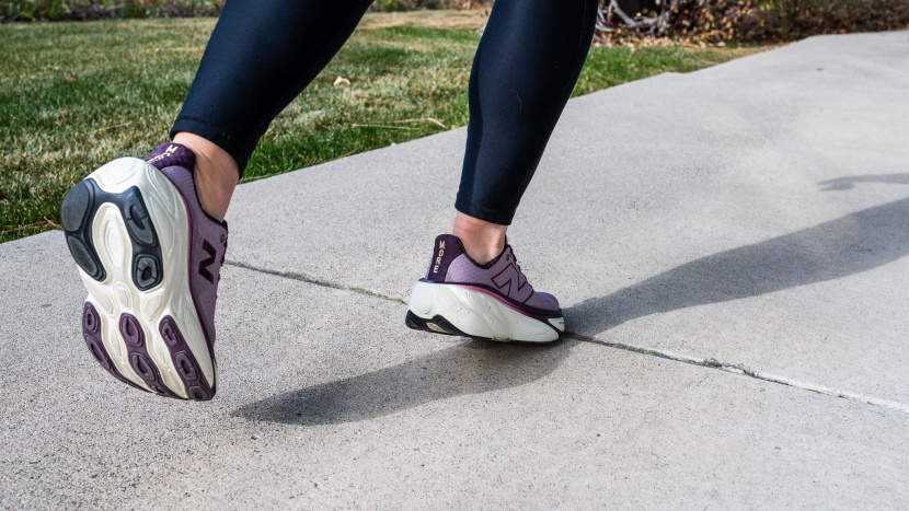 the rocker angle and shape of this shoe helps one footfall roll into...