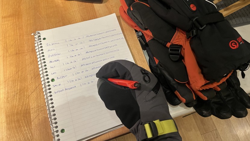 ski gloves - our dexterity tests include a handwriting test for comparision.
