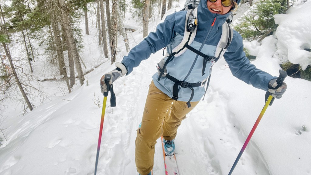 flylow foxy bib - happy backcountry powder hunting in the foxy bib.