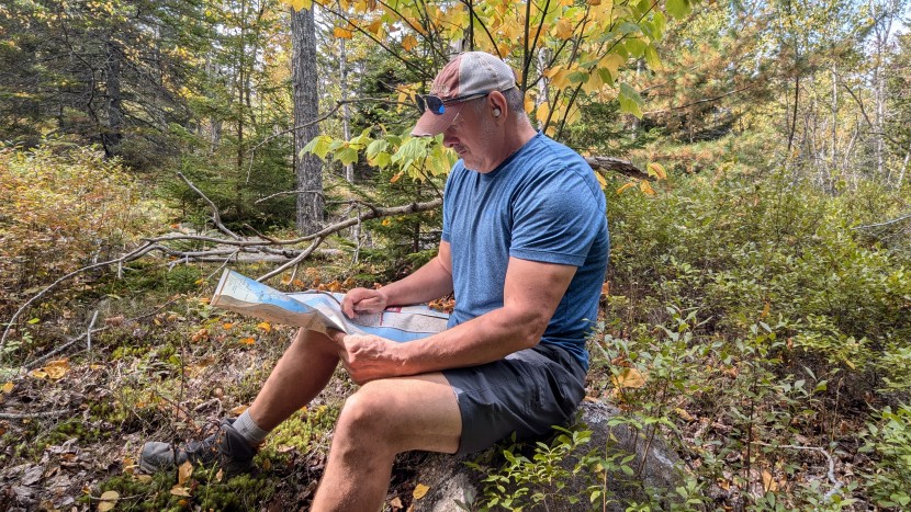 hiking shorts - sitting on a log while trying to get our bearings in acadia national...