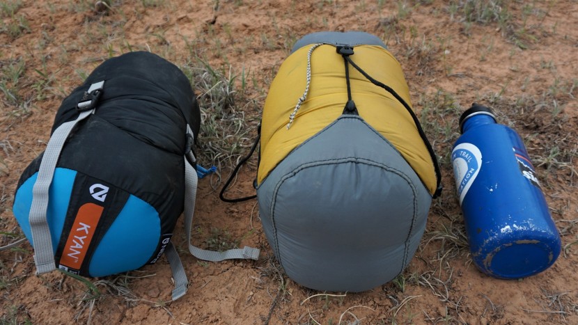 backpacking sleeping bag - the synthetic bag on the left and the down bag on the right weigh...