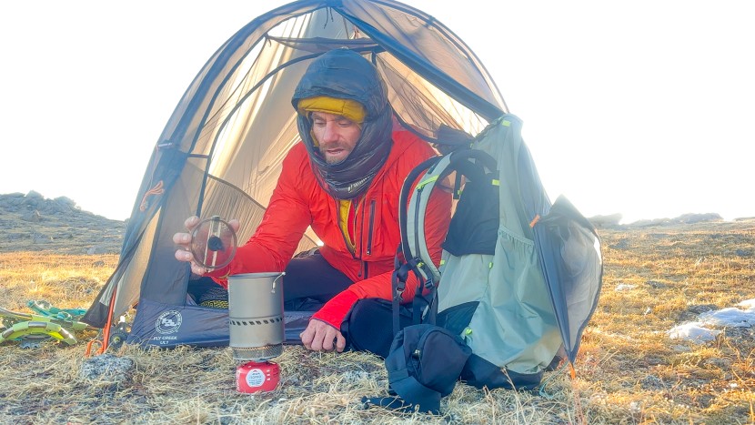 example of using the tent opening to boil water outside the tent...