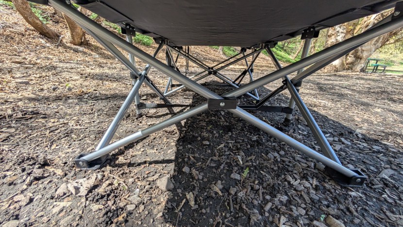 camping cot - a close of the aboron&#039;s intricate criss-cross frame. it&#039;s super...