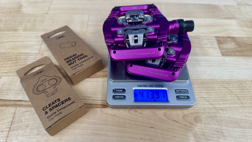 oneup clip pedals - respectably lightweight with pins installed, tool, and cleats...