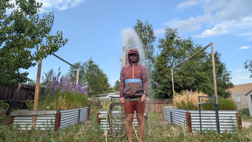 wind breaker jacket - we wore every jacket for 30 seconds under a garden hose sprinkler to...