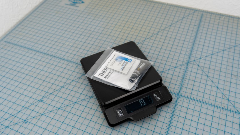 the included repair kit weighs in at .7 ounces / 19 grams.