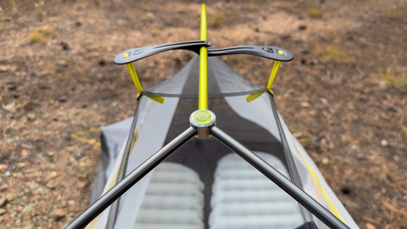 the wishbone tent pole comes together at a central junction point...