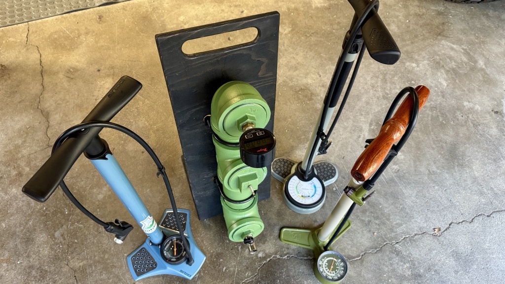 bike pump - a few of the pumps in this test with our pressure control unit...
